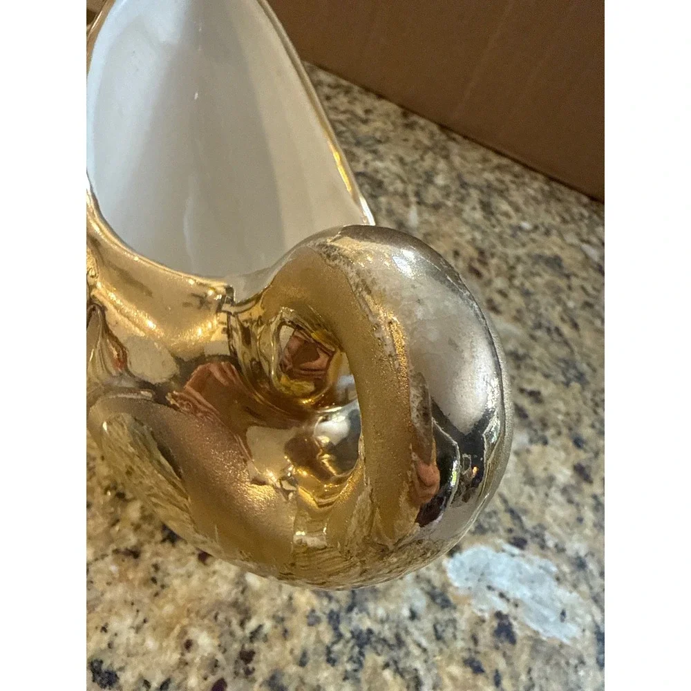 Vintage Gold Ceramic Swan Gravy Boat‎ Sauce Pitcher Hollywood Regency 8 Inch